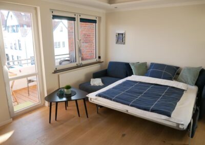 Schlafcouch ausgeklappt, mit offnen Blick durch die Fenster, mit gemütlicher Bettdecke und einem kleinen Beistelltisch